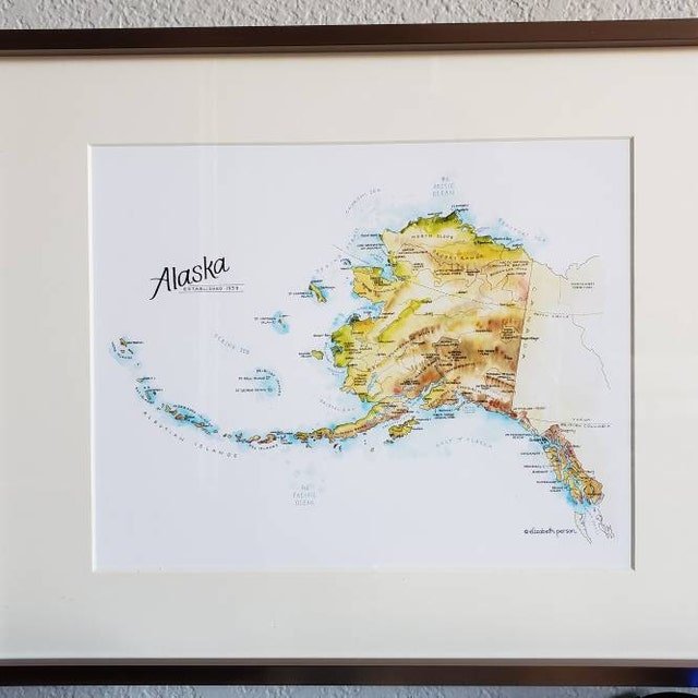 Alaska Map Watercolor Illustration State of Alaska Anchorage - Denmark