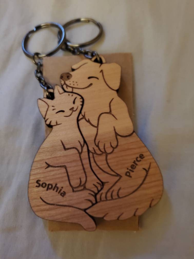 Dog and Cat Couple Keychains - Friendship or Relationship matching wooden keychain set