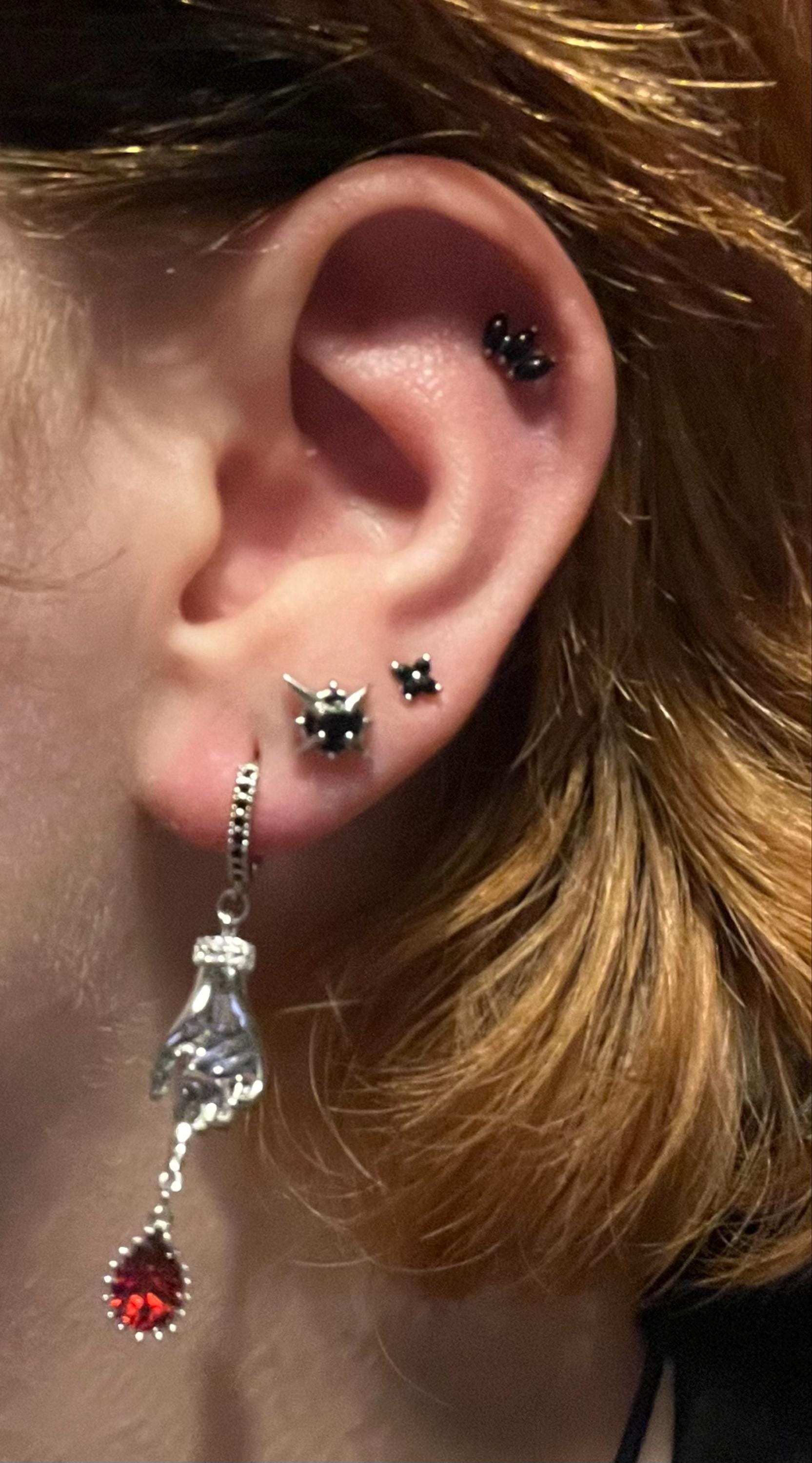 LADY MACBETH Gold / Silver / Black Sword, Hand and Blooddrop Earrings / Hoops
