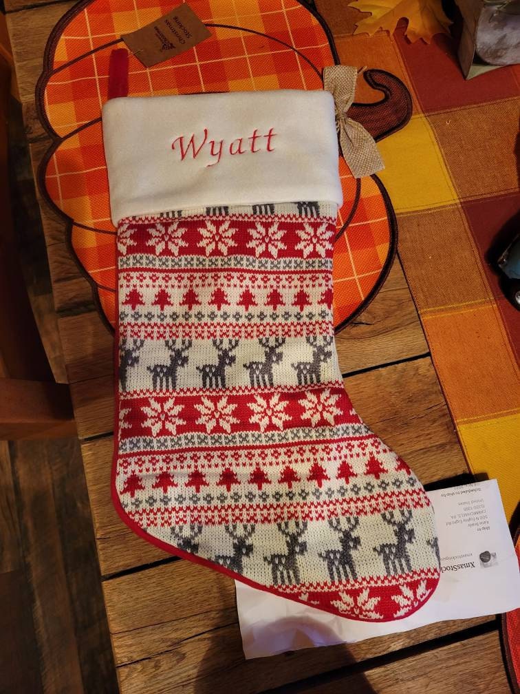 Fairisle Red Stocking - Personalized Christmas Stocking - Reindeer Stocking - Christmas Decor - Kids Christmas Stocking - Monogram Stocki