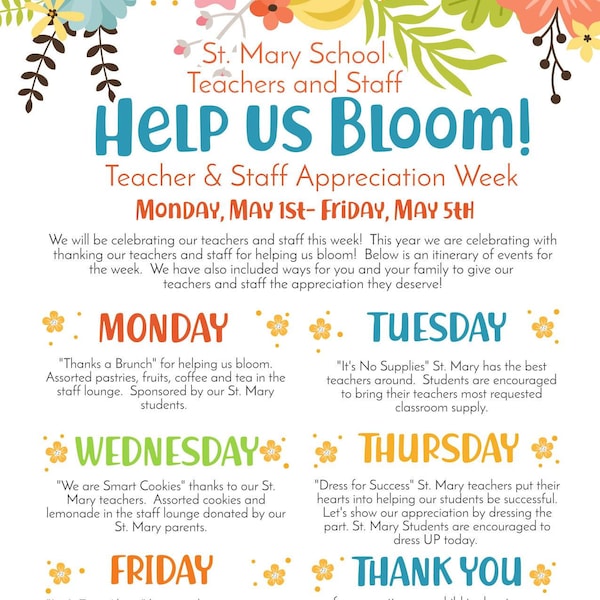 Printable Floral Teacher Appreciation Flyer, TAW Instructions, Thank ...