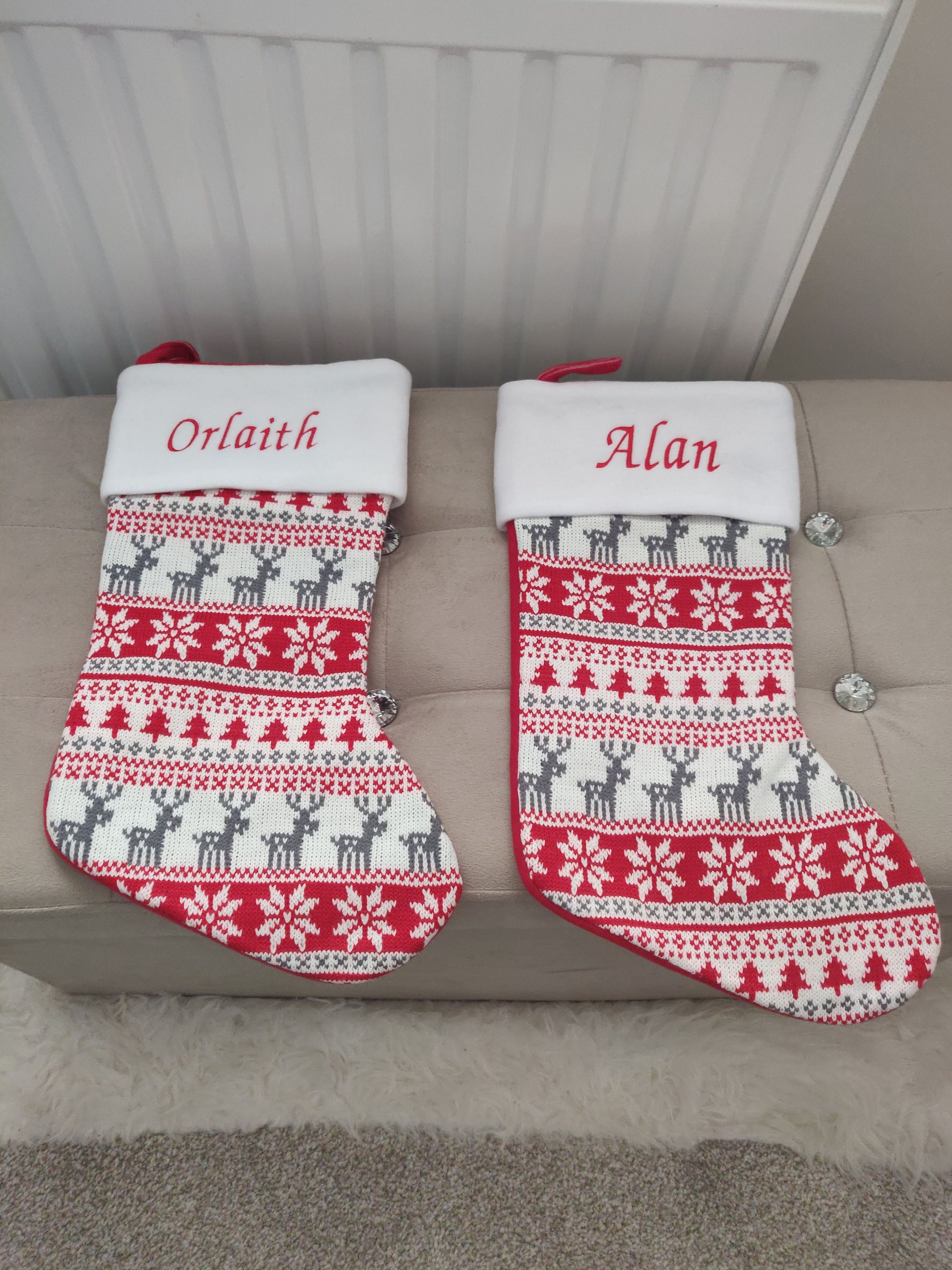 Fairisle Red Stocking - Personalized Christmas Stocking - Reindeer Stocking - Christmas Decor - Kids Christmas Stocking - Monogram Stocki