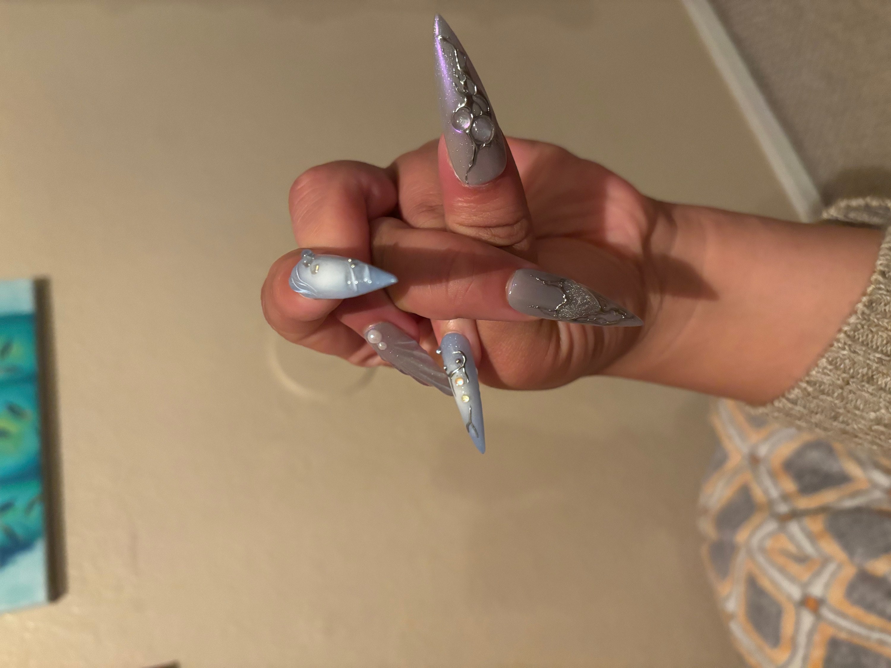 Free Style Blue Mermaid Almond Press On Nails, Handpainted Fake/False Nails, Prom/Event/Birthday Nails, Goth/Gothic/Y2K/Aura Nai