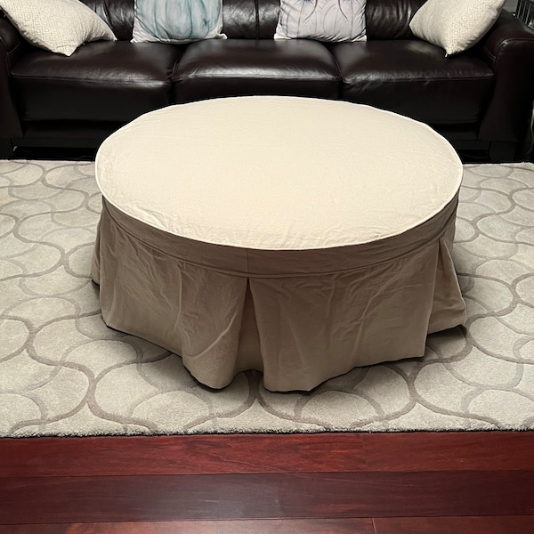 Round Ottoman Slipcover With Welt Cord and Pleats, Custom Round Ottoman ...