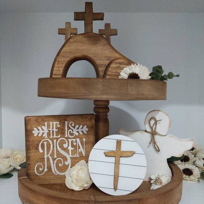Ziliny 28 Pcs Easter Tiered Tray Decor He Is Risen Tiered Tray Decorations Set Wooden Decorative Trays Farmhouse Rustic Tiered Tray For Home Farmhouse Kitchen Decorations