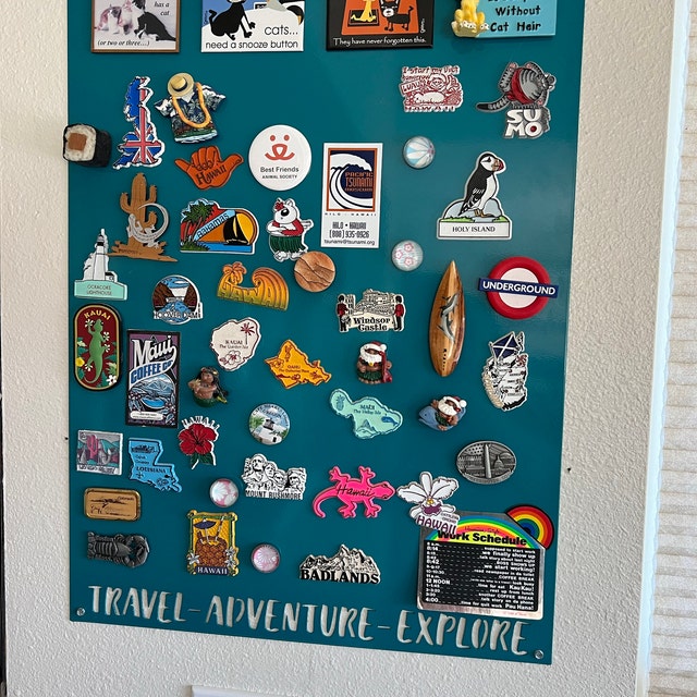 Our travel magnet board is up and it's full! Bought Sheet metal from a  sheet metal company and then made a simple fra…