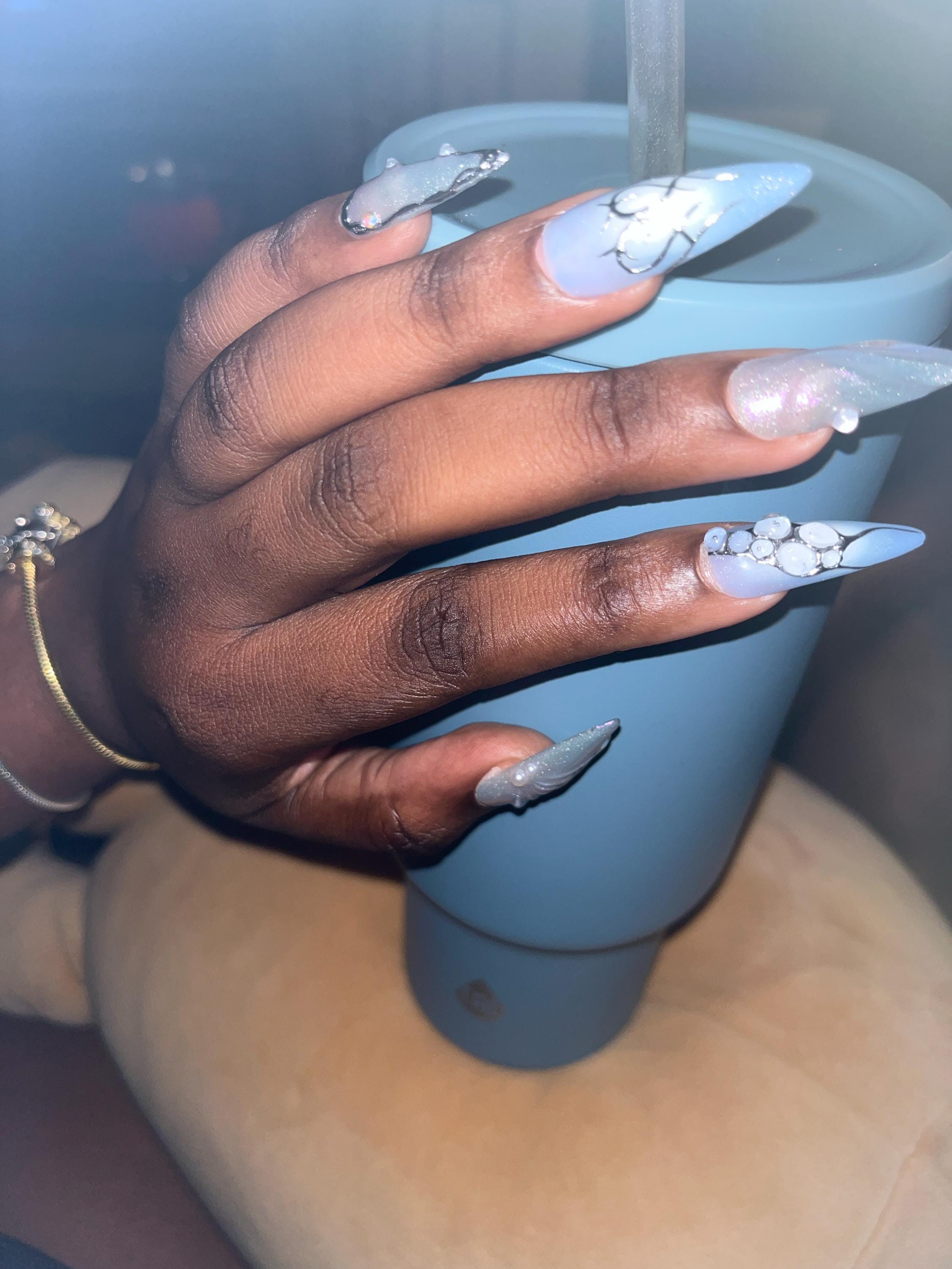Free Style Blue Mermaid Almond Press On Nails, Handpainted Fake/False Nails, Prom/Event/Birthday Nails, Goth/Gothic/Y2K/Aura Nai
