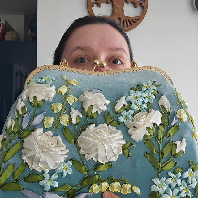 Embroidered Handbag | Ribbon Embroidery | Optional Mask or