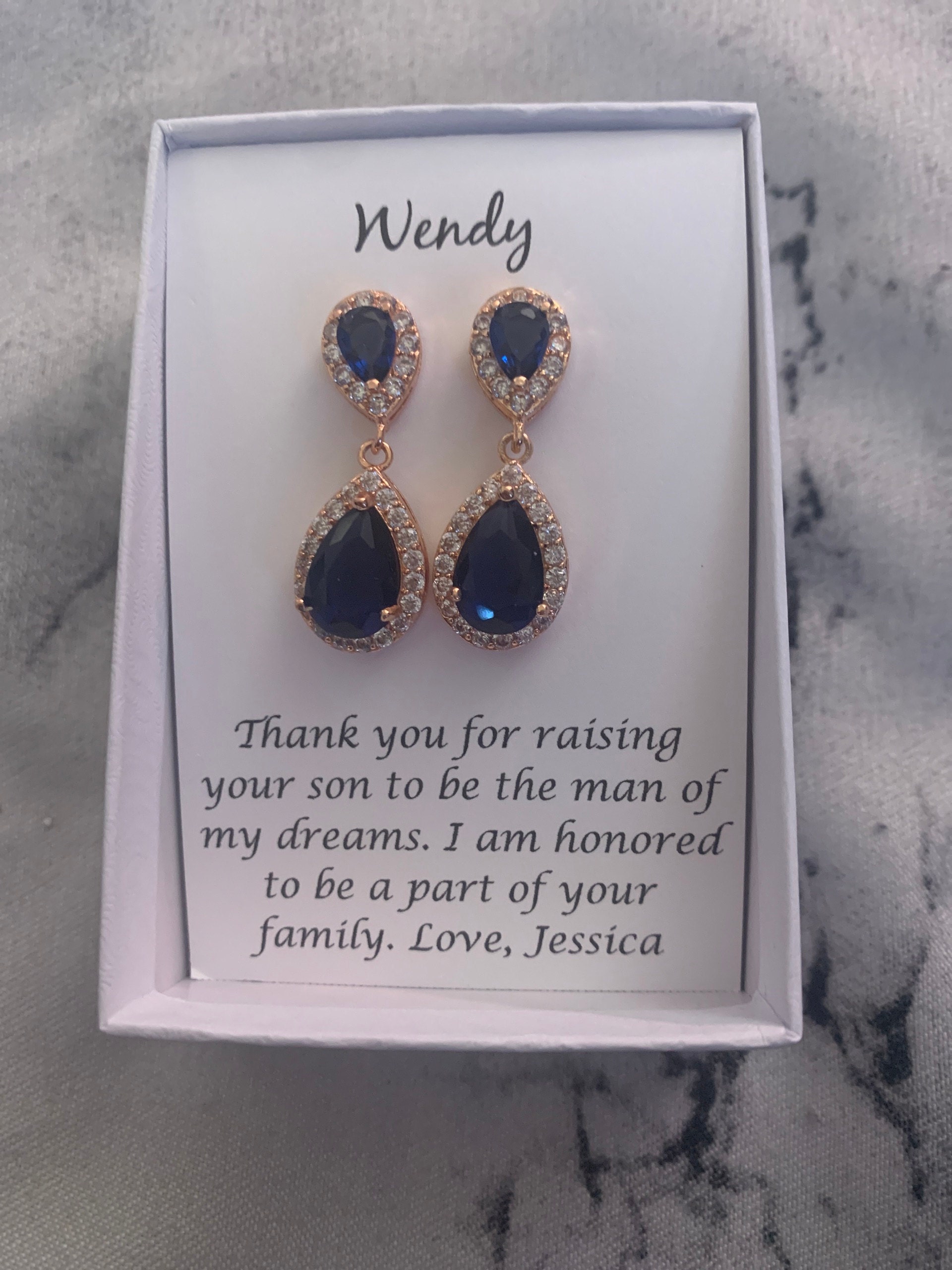 Bridal party bracelet earrings set Navy tear drop cubic zirconia earrings, Blue bridesmaid gift set, Navy blue earrings XY1