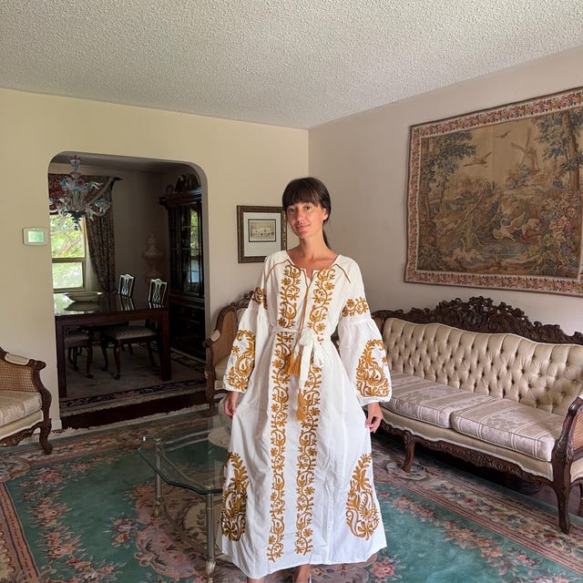 Chic White Egyptian Cotton Kaftan Dress, Embroidered Tunic