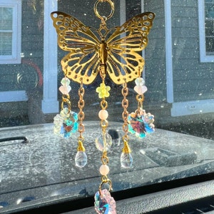 AuMoHall Crystal Butterfly Car Mirror Charm – Sun Catcher With Fish Tassel – Rainbow Maker For Dashboard
