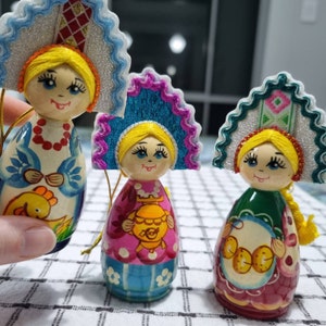 Russian Folk Wooden Doll Ornament With Kokoshnik 11 Cm, Hand