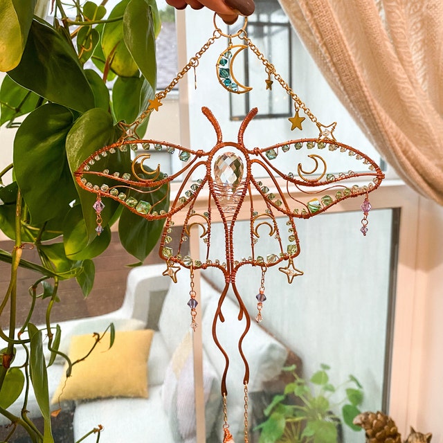 Luna Moth Moon Stars Suncatcher, boho witchy room decor rainbow maker –  MargayB