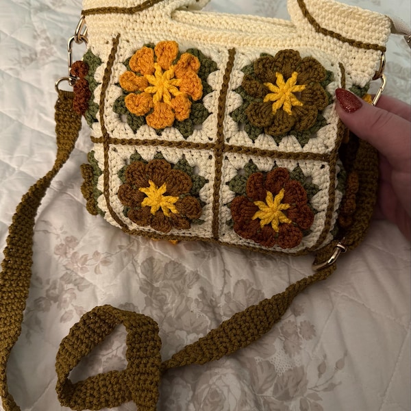 Crochet Shoulder Bag with Colorful 3D Floral Accents