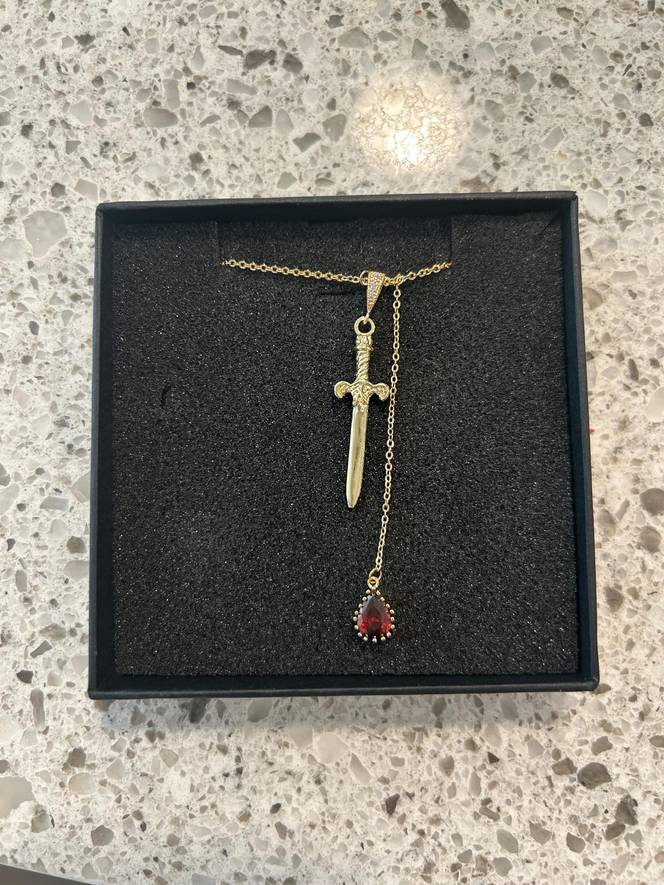 Sword and Blood Drop Necklace / Gold or Silver, Black Deep Red Teardrop Necklace