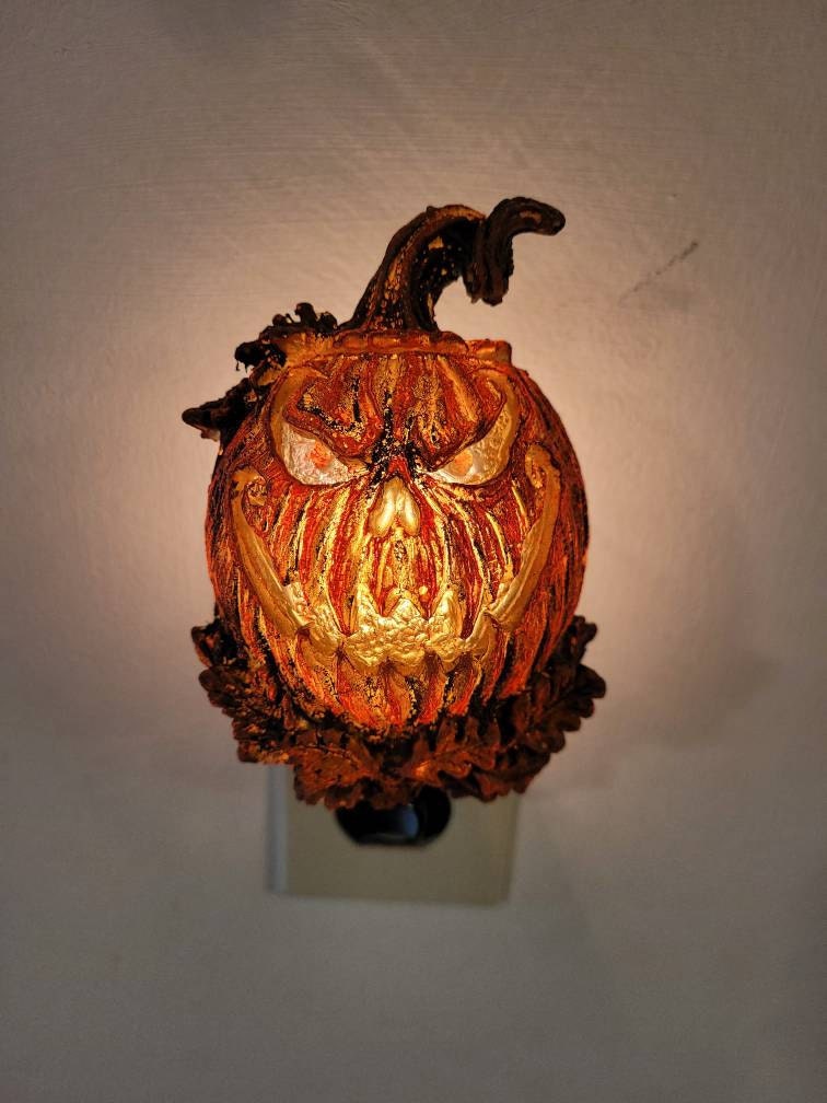 Jack O' Lantern Nightlight, Hand Painted Resin Sculpture | Halloween Gothic Night Light |  Pumpkin Lighting for Gothic Fantasy Home Decor
