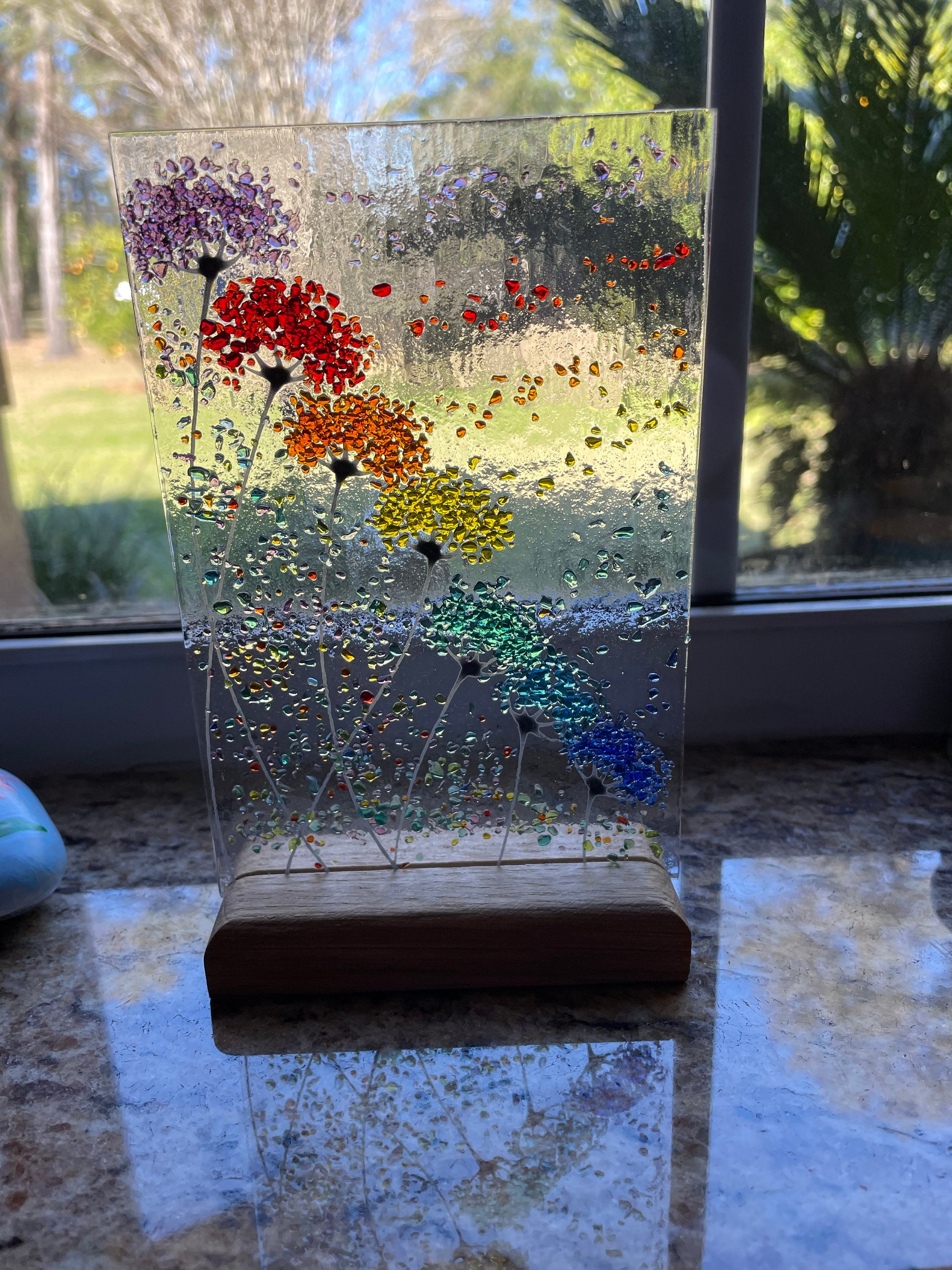 Whimsical Bright Rainbow Flowers fused glass Art Picture Sun Catcher & Wooden Display Stand