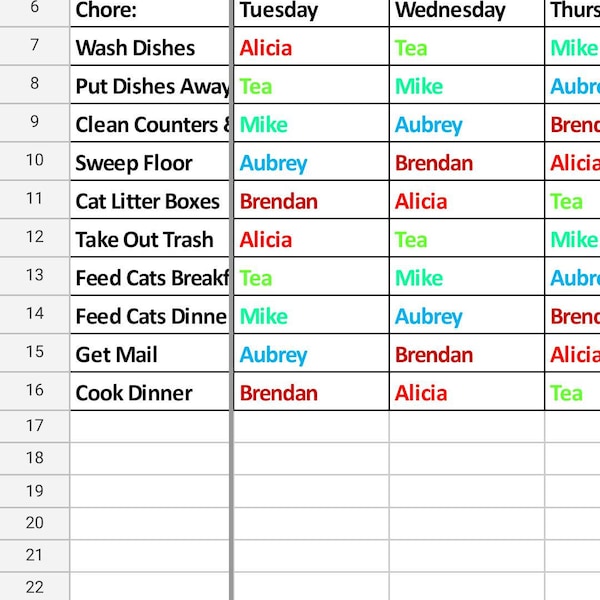 Daily Chore Rotation Excel Template - Etsy