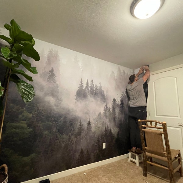 Misty Pine Tree Forest Landscape Peel and Stick Wallpaper Self Adhesive ...