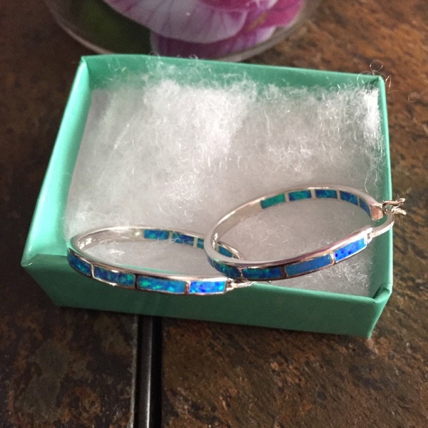 Solid 925 Sterling Silver Hoops Earrings With Blue Fire Opal Inlay 1