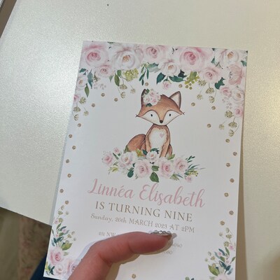 Pink Floral Fox Birthday Invitation, Girl Woodland Fox Party Invite ...