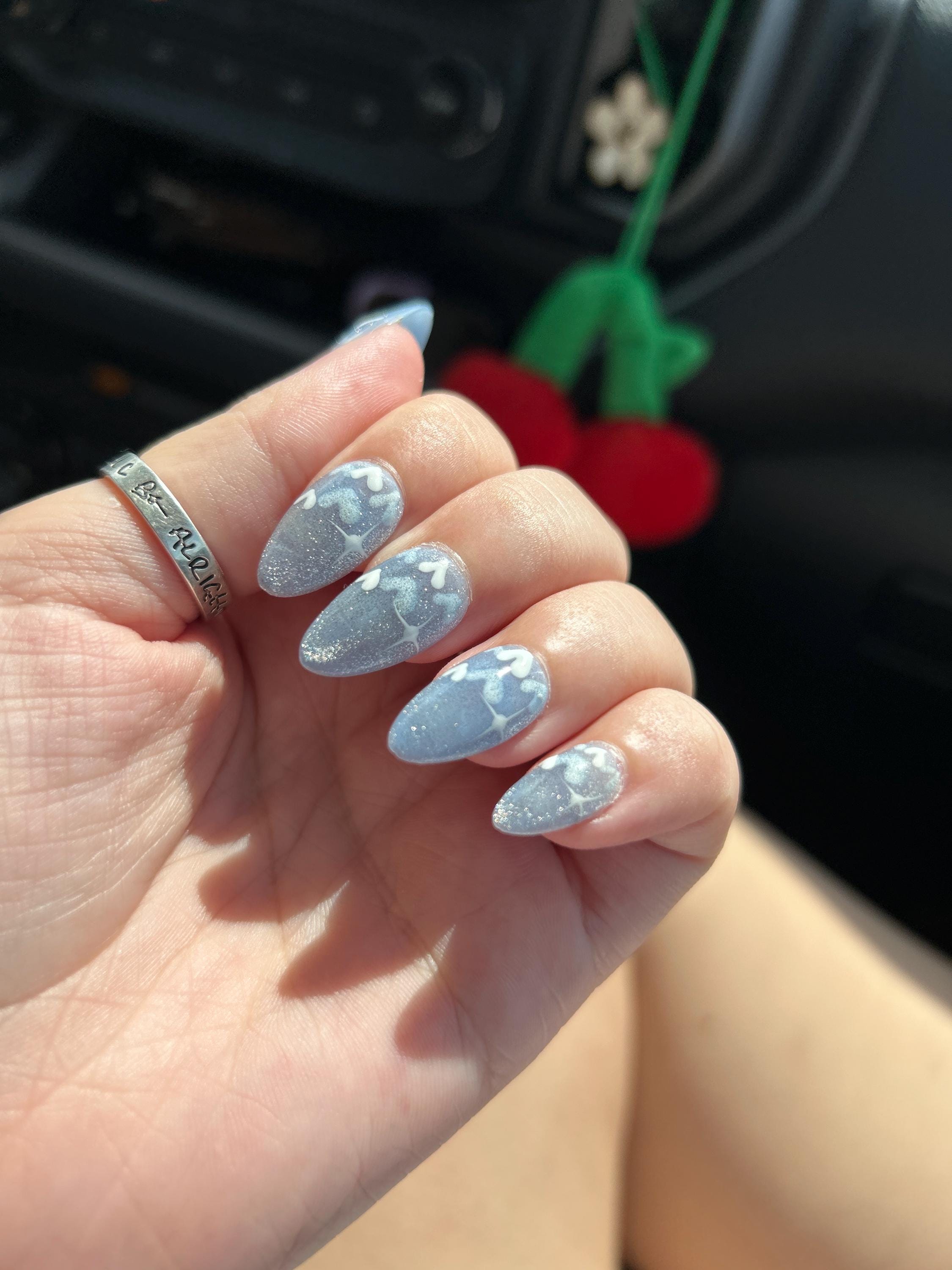 New Version | Short Baby Blue Reflective Cat Eye Little Heart Press On Nails | Gel Nails | Heart Nails | Cat Eye Nails | lmz142