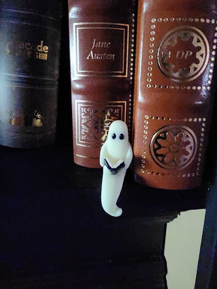 Pet Ghost Reading a Book, Miniature Shelf Sitter Figurine, Handmade Halloween Decoration, Spooky Cute Glow in the Dark