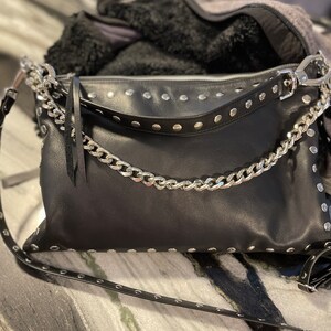 Black Leather Bag With Zipper, Studded Leather Bag, Black
