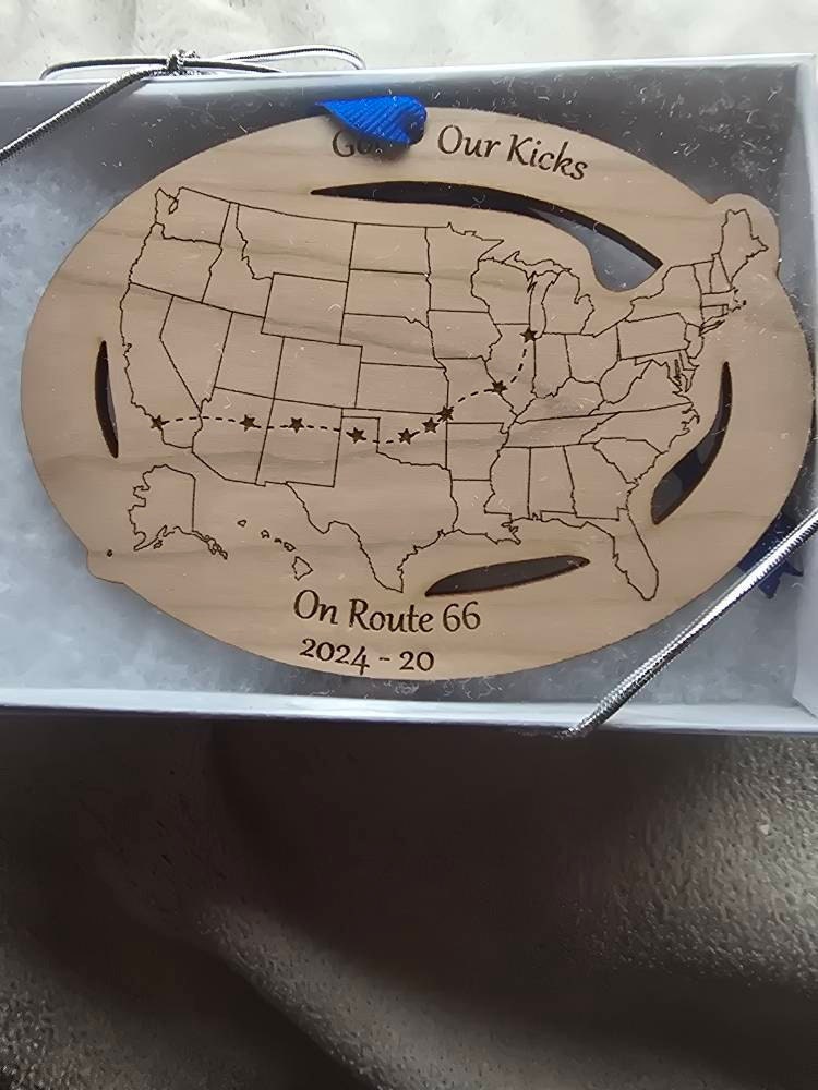 Custom Text and Cities US Map ornament, Road Trip Travel Ornament, long distance relationship, 50 state marathons