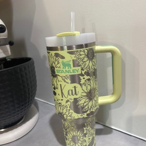 Sunflower Cowprint 40 OZ Stanley Quencher H2.0 Travel Tumbler With  Handle-full Wrap Laser Engraved 