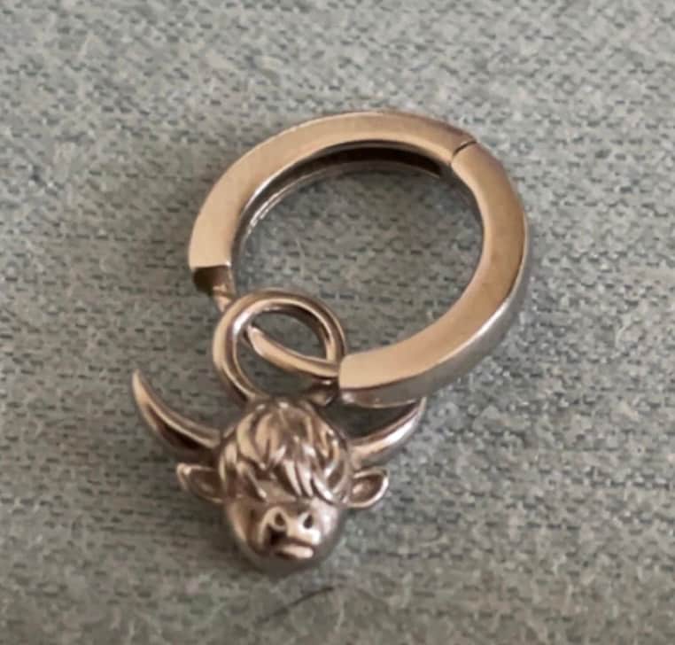 Dangling Highland Cow Huggie Hoops in Sterling Silver, Silver or Gold or Rose Gold, Highland Cow Earrings, Detachable and Interchangeable