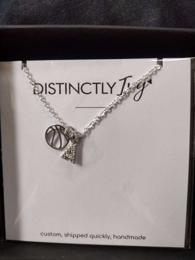 Personalized Basketball Necklace Sports Mom • CZ Initial Pave Crystal Gold • Coach Jewelry Team Gift • Gold Basketball Outline Player Gift