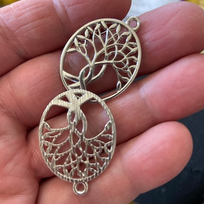 Tree of Life Charms Connector Antiqued Silver Stamped Circle