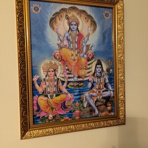 シヴァ、ヴィシュヌ、ブラフマーのアート写真（金枠入り、14x18インチ