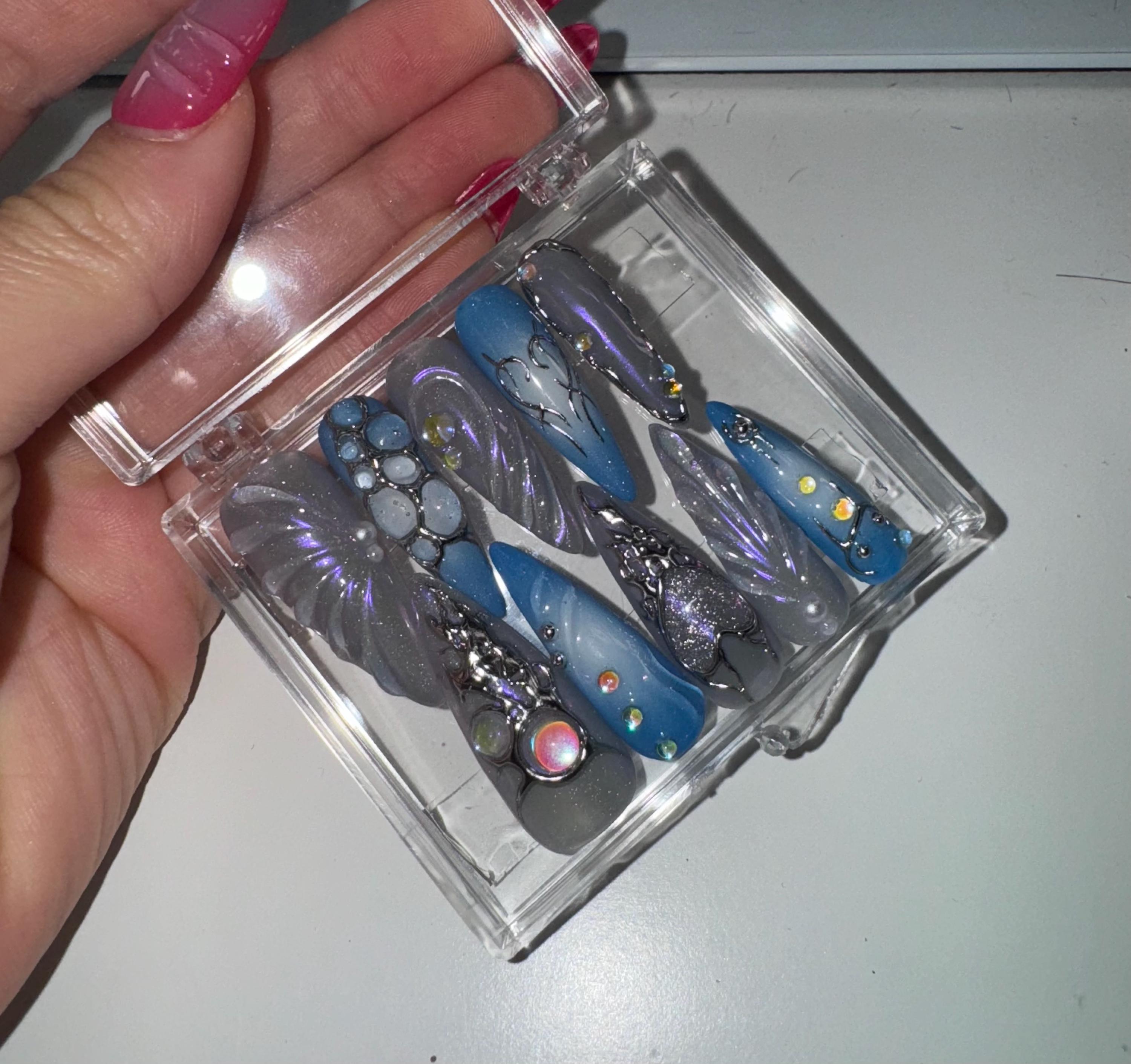 Free Style Blue Mermaid Almond Press On Nails, Handpainted Fake/False Nails, Prom/Event/Birthday Nails, Goth/Gothic/Y2K/Aura Nai