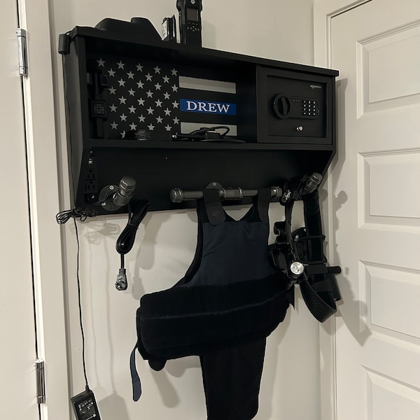 35.5"L X14.5"H Police Gear Rack Metal Wall-Mounted, 180LBS Tactical Gear Rack With Lockbox Safe & 2 Hooks, Police Gear Stand For Bedroom