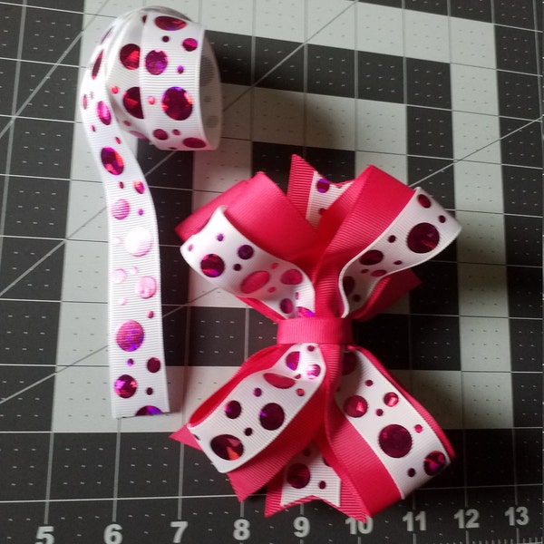 CRACKLE DOTS Hot PINK Hologram Grosgrain White Cheer Ribbon - 2 1/4