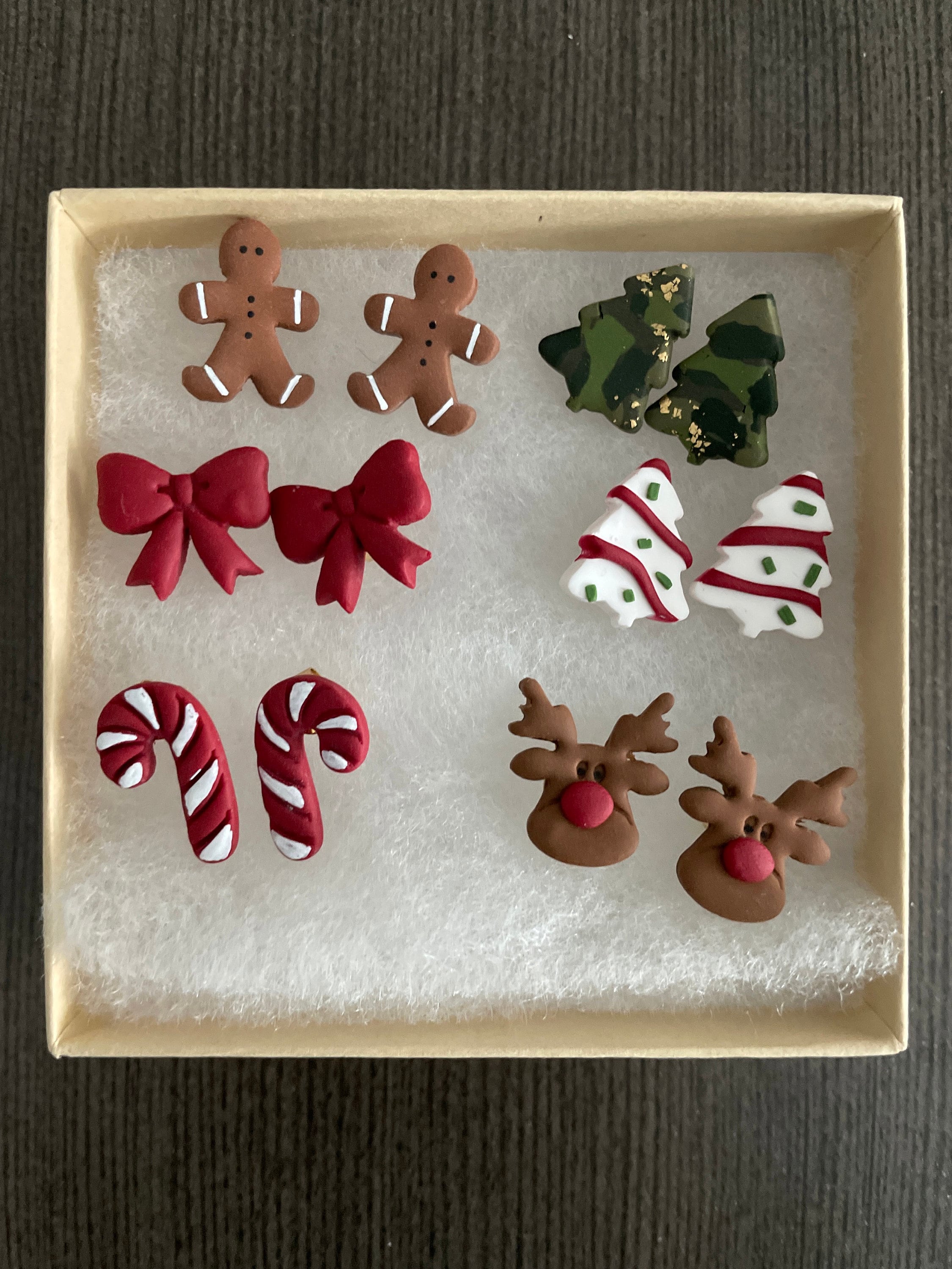 Holiday Studs | snowflake mocha latte coffee cup tree gingerbread man candy cane knit mitten holly leaf Bow polymer clay Christmas earrings