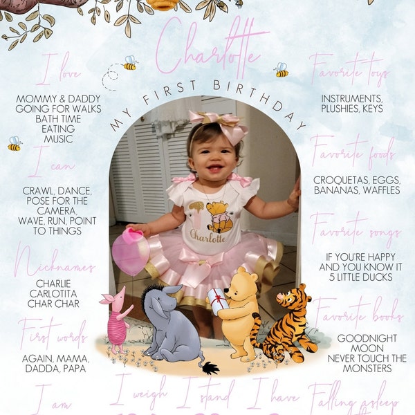 Editable Milestone Board Classic Winnie the Pooh 1st Birthday Girl ...