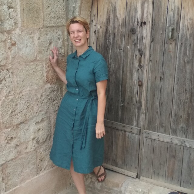 ワンピース AVANDRESS French Linen Slim Shirt Dress 4BFK783 Linen Shirtdress With Short Sleeves, A-line Linen Summer