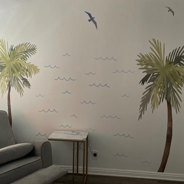 Palm Tree Watercolor Wall Decal - Beach House Tropical Sticker, 72 Tall, Seagulls Included, Matte Finish 3 thumbnail image
