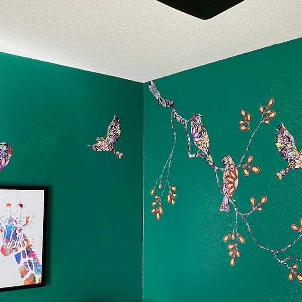 Tree Branch Decal and Bird Wall Decals in Colorful Mosaic Pattern - Etsy