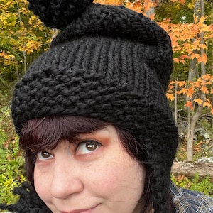 Black Hat, Slouchy Knit Hat With Ear Flaps, Chunky Knit Hat  display picture 2