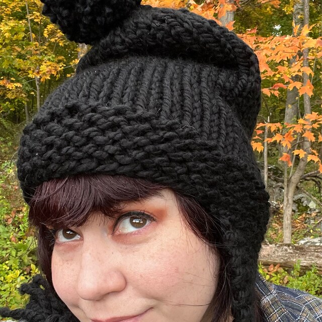 Black Hat, Slouchy Knit Hat With Ear Flaps, Chunky Knit Hat