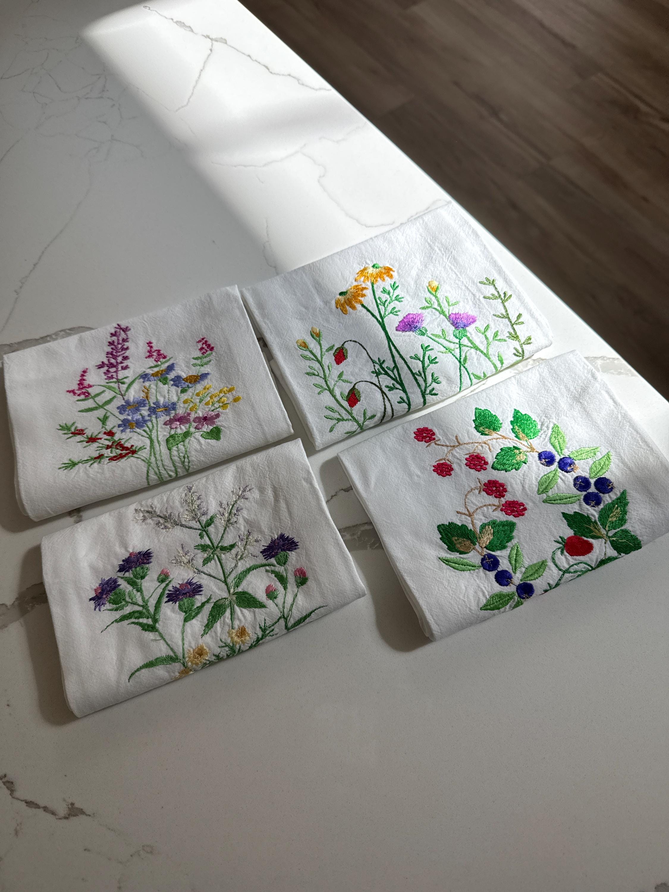 TEA TOWELS WILDFLOWERS*Embroidered*Kitchen Towel*Meadow Flowers*Strawberry*Blueberry*Hand Towel*Dish Cloth*Flour sack*Shower Hostess*Wedding