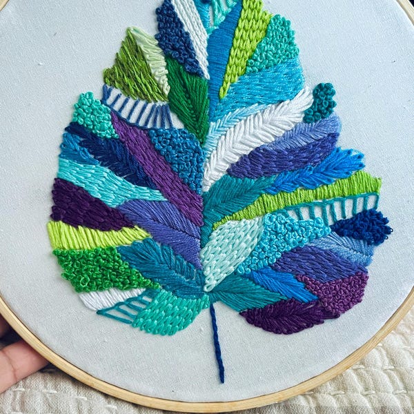 Colorful Abstract Leaf Hand Embroidery Pattern - PDF Instant Download ...