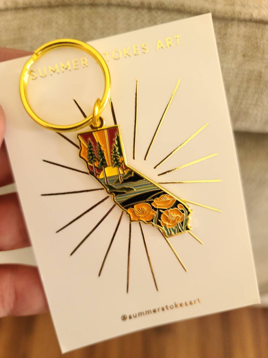 California Poppy Soft Enamel Keychain 1.5&quot; | California Outline Key Ring | Illustrated State Keychain
