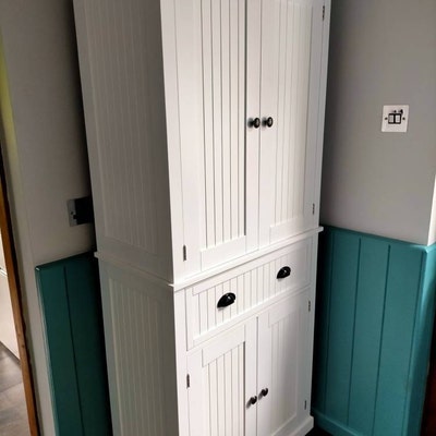 Tall Kitchen Pantry Cupboard White Wood Storage Cabinet Traditional Colonial Freestanding Unit ...