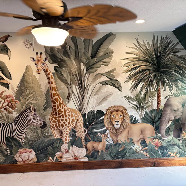 Jungle Safari Wall Mural: Tropical Animals Peel and Stick Wallpaper - Etsy