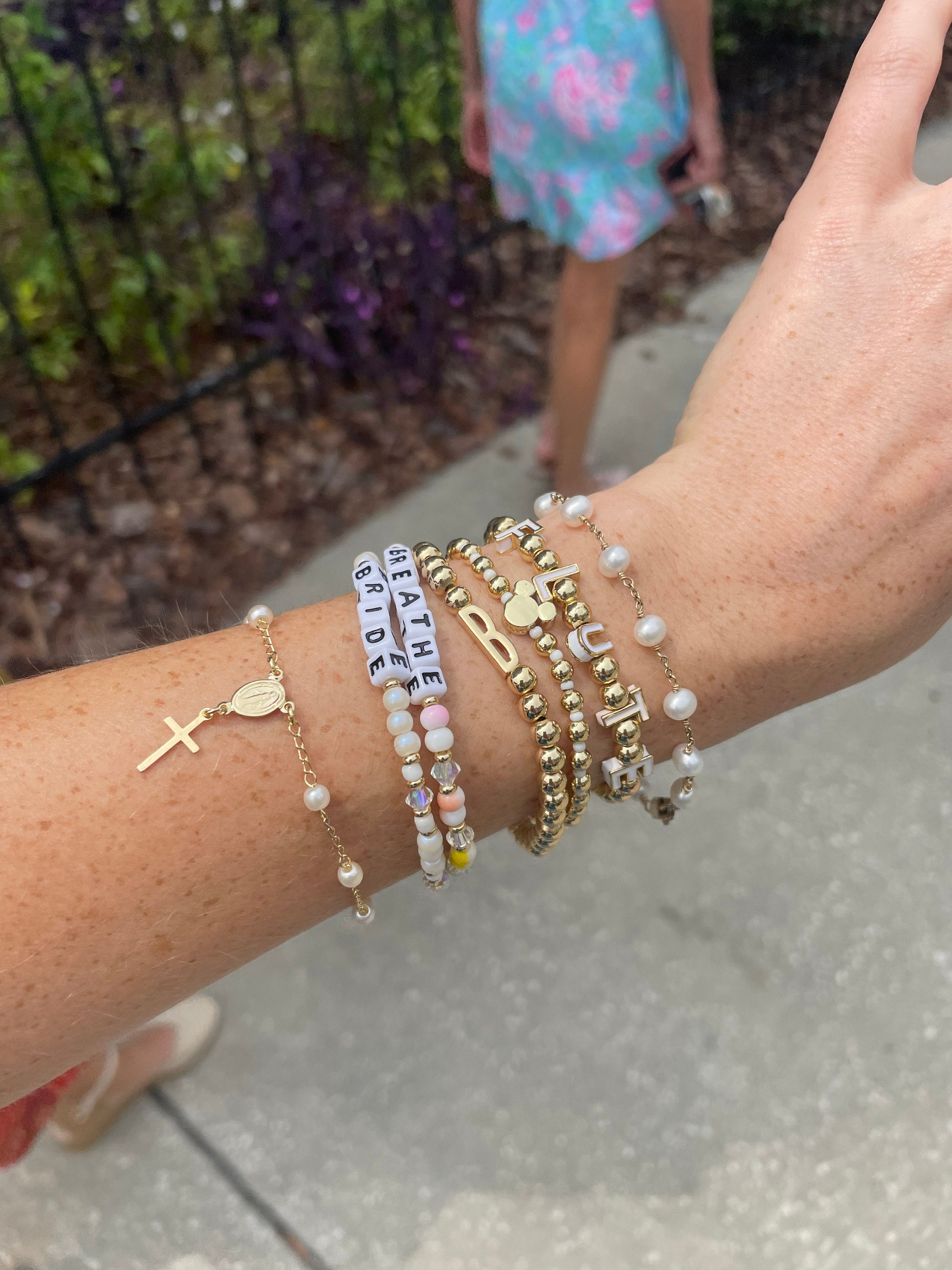 18k Dainty Gold Filled Beaded Pearl Satellite Rosary Bracelet with Virgin Mary and Crucifix Charm